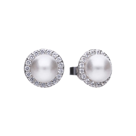 DF Round CZ and Shell Pearl Halo Stud Earrings
