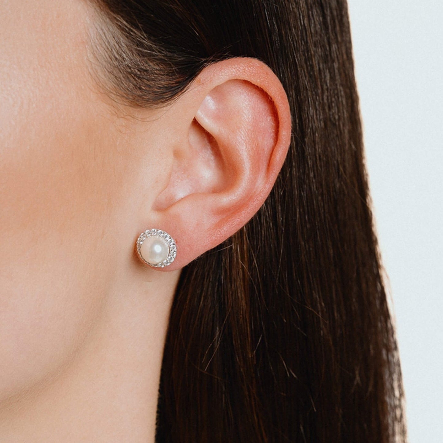 DF Round CZ and Shell Pearl Halo Stud Earrings