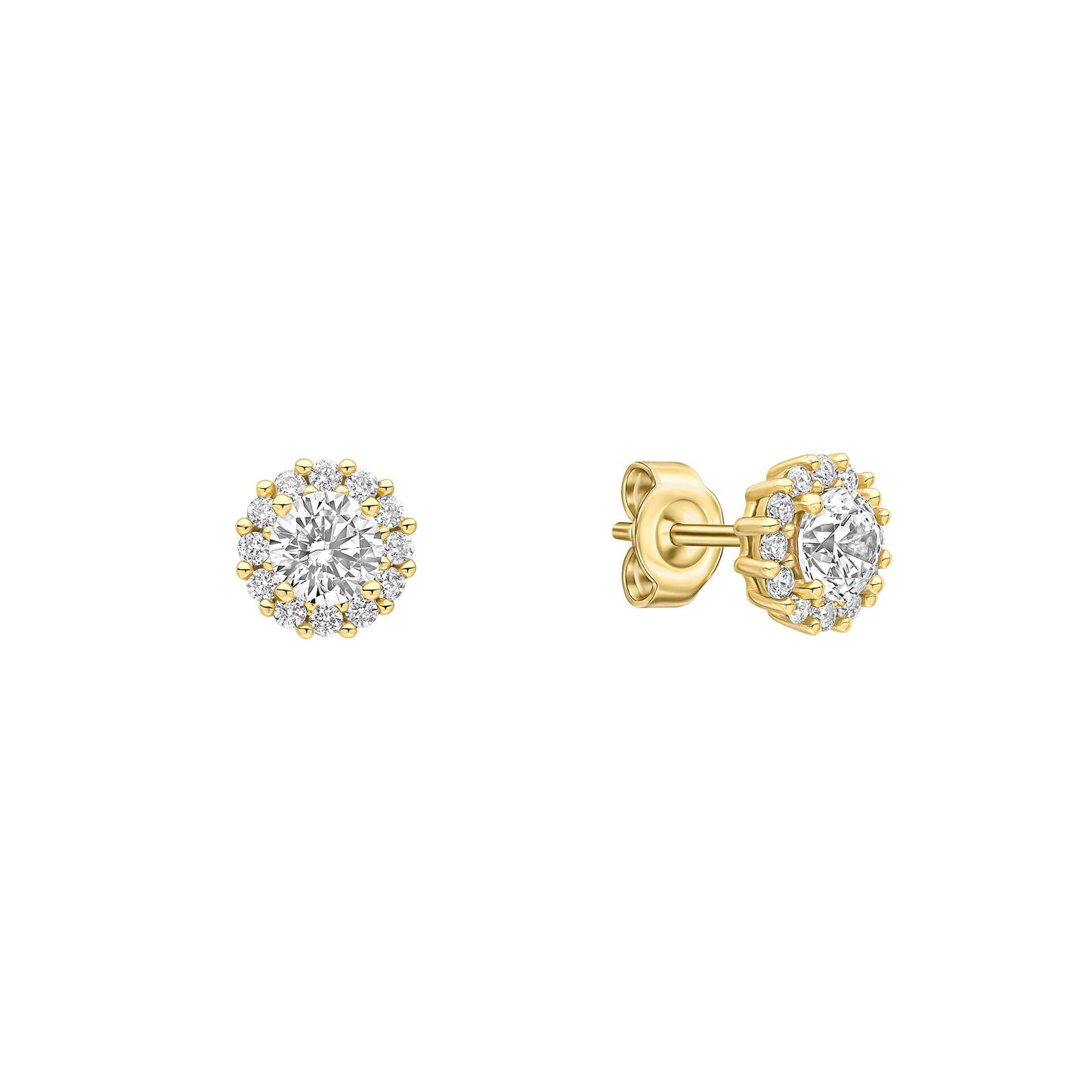 DF Gold Plate Round Cut CZ Halo Pave Cluster Earrings