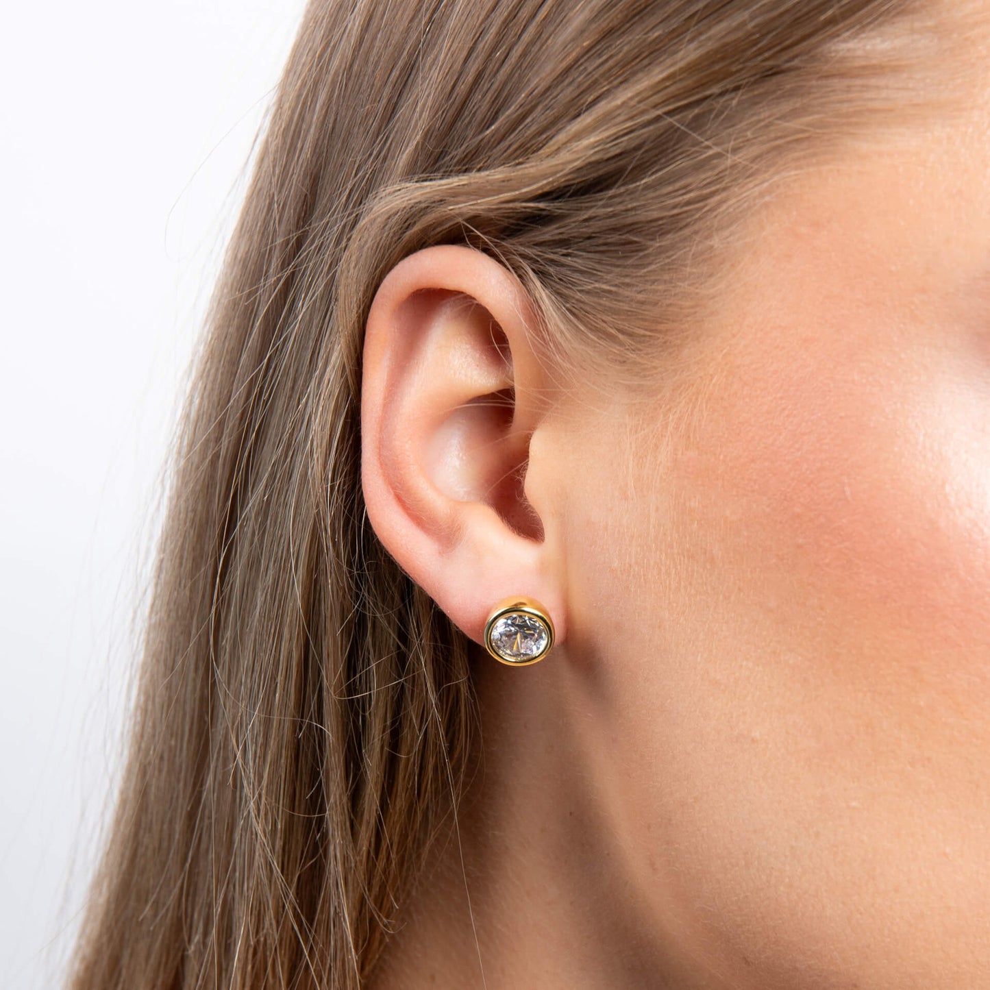 DF Gold Plate Round CZ 1.5ct Each Stud Earrings