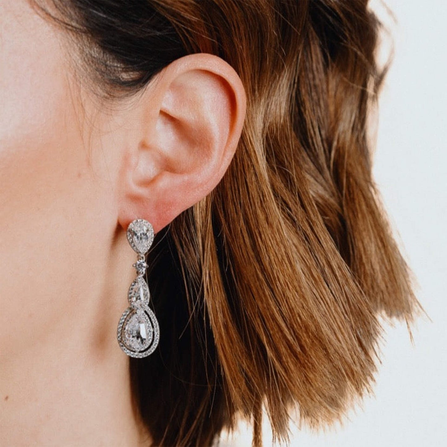 DF CZ 3 Stone Drop Earrings