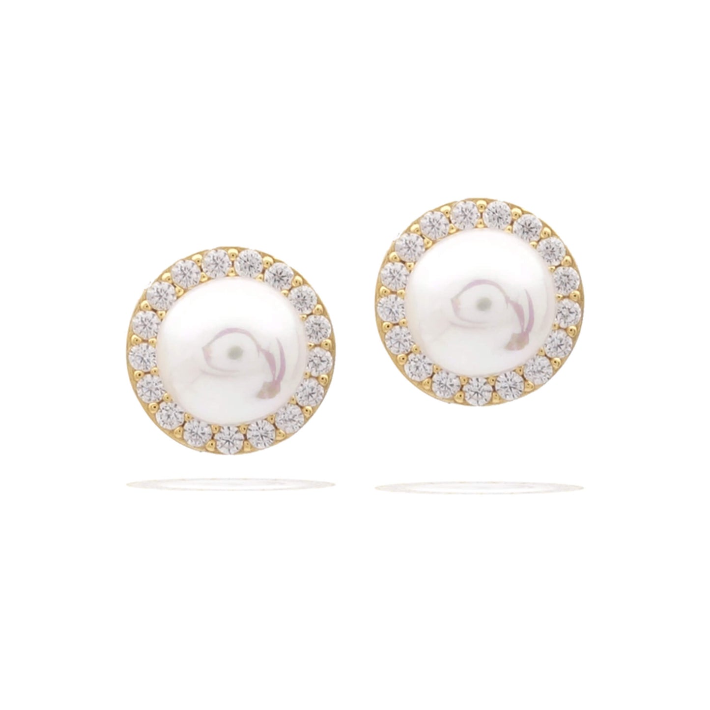 DF Gold Plate Round CZ and Shell Pearl Halo Stud Earrings