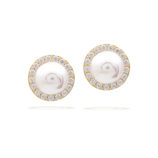 DF Gold Plate Round CZ and Shell Pearl Halo Stud Earrings