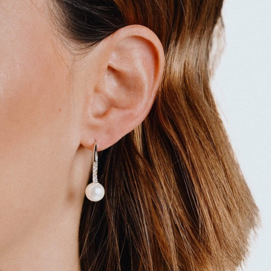 DF CZ and Round Shell Pearl Hook Earrings