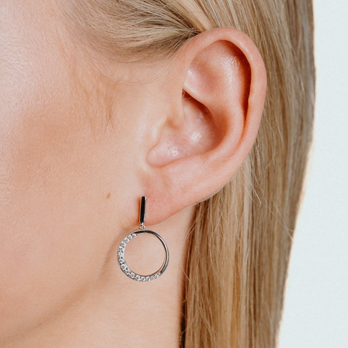 DF Round Hollow Drop Half CZ Earrings