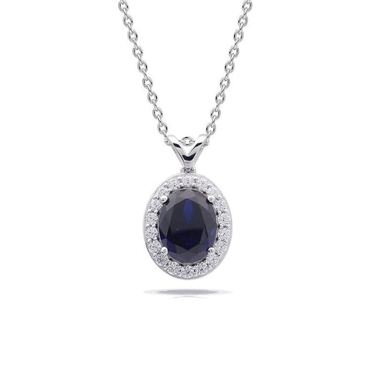 DF CZ Dark Blue Sapphire Oval Halo Pendant