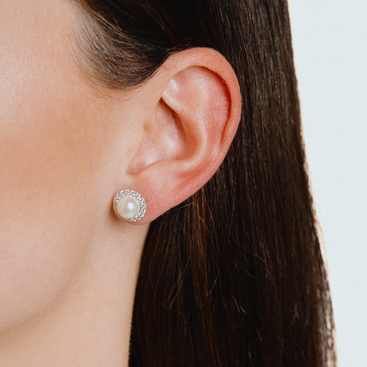 DF Round CZ and Shell Pearl Halo Stud Earrings