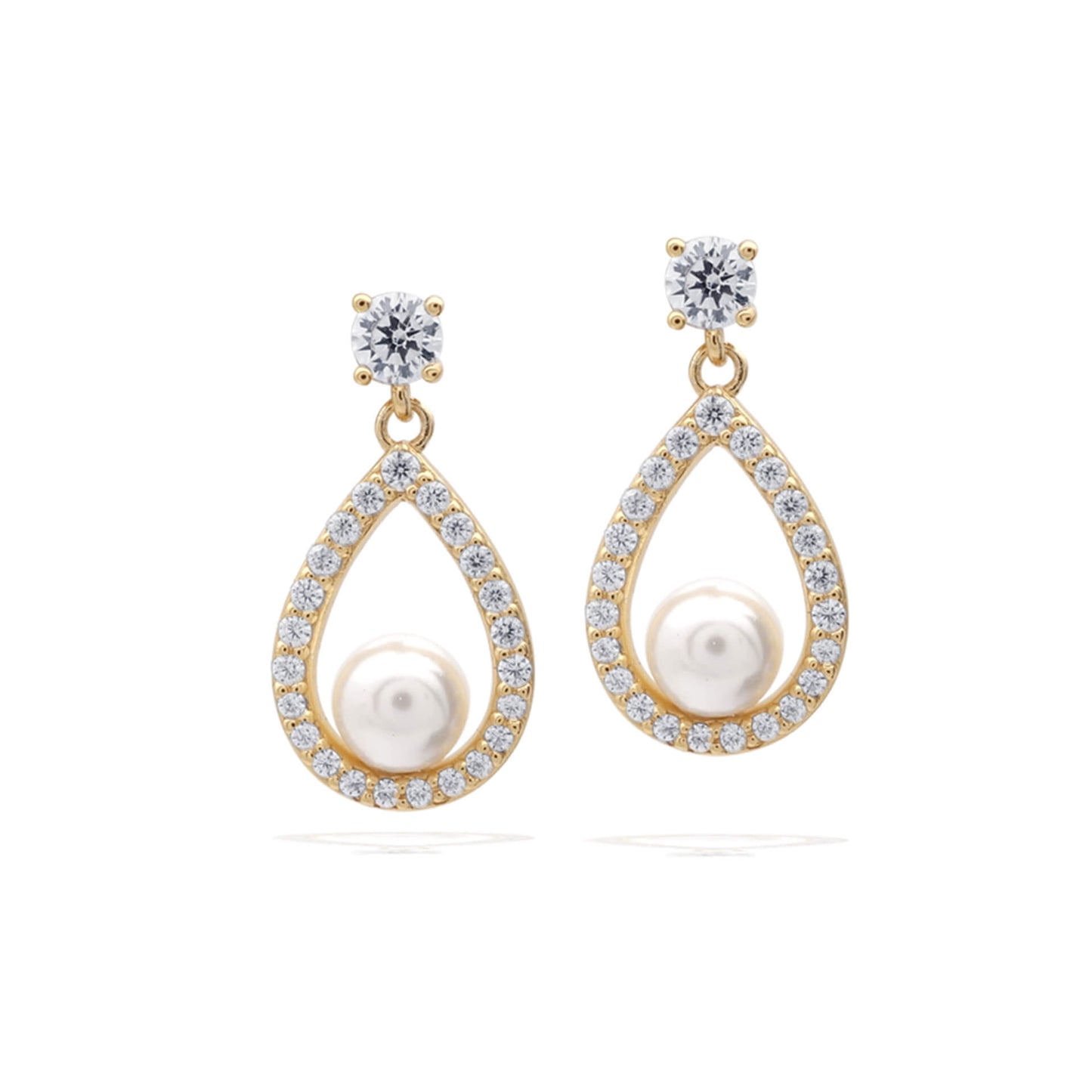 DF Gold Plate CZ and Shell Pearl Teardrop Pave Earrings