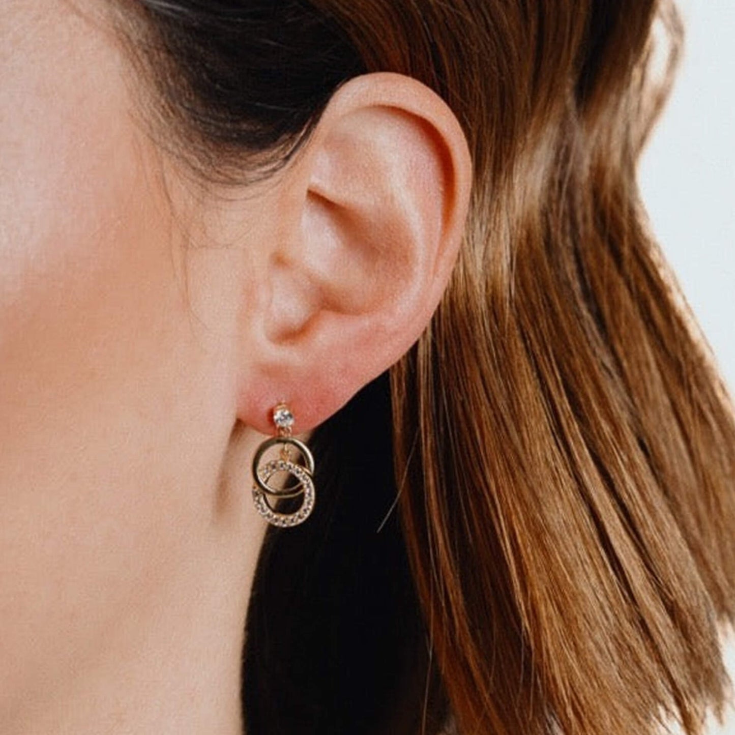 DF Gold Plate CZ Round Link Drop Stud Earrings