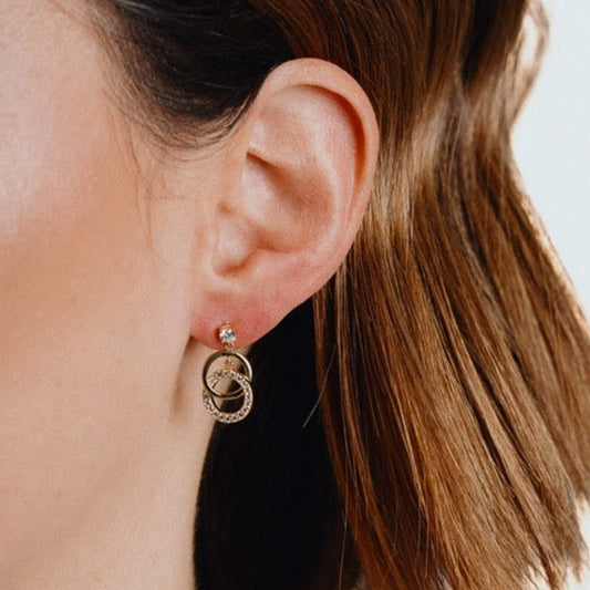 DF Gold Plate CZ Round Link Drop Stud Earrings