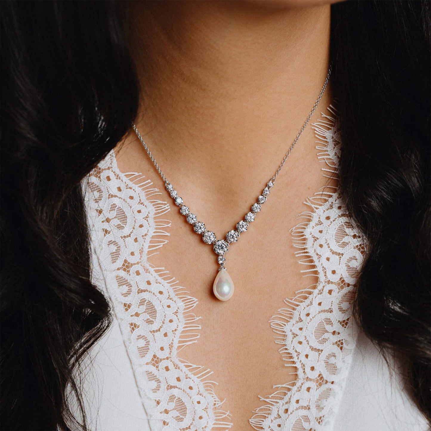 DF CZ and Shell Pearl Teardrop Necklace