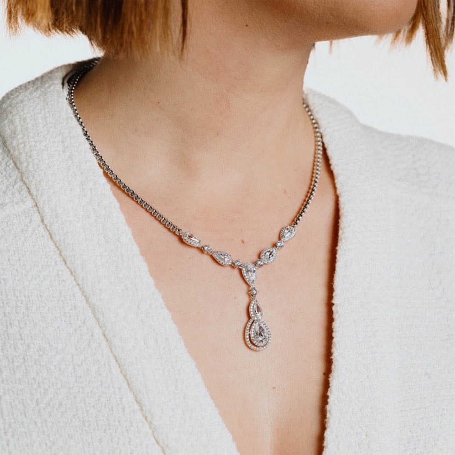DF CZ Halo statement teardrop necklace