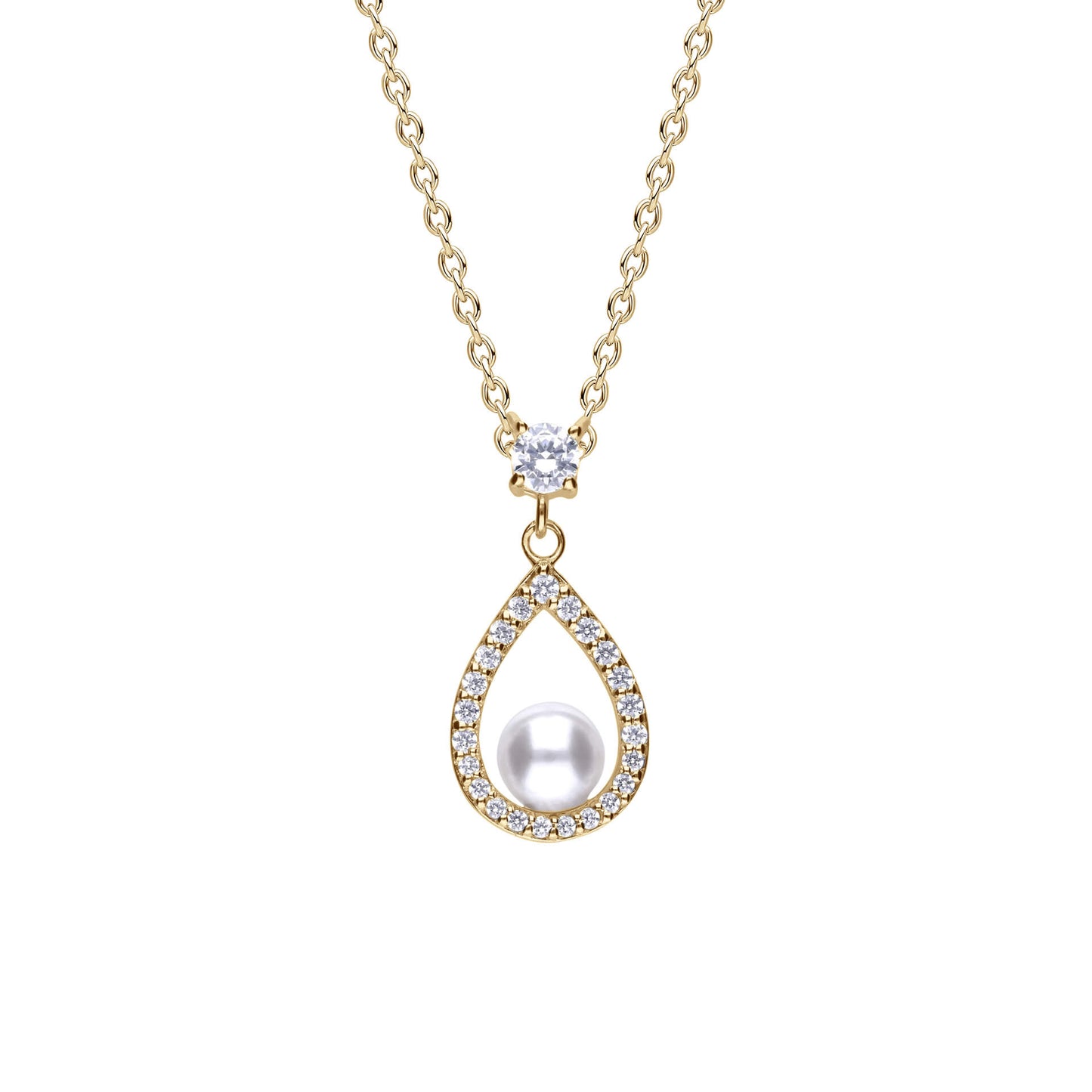 DF Gold Plate CZ and Shell Pearl Teardrop Pave Pendant