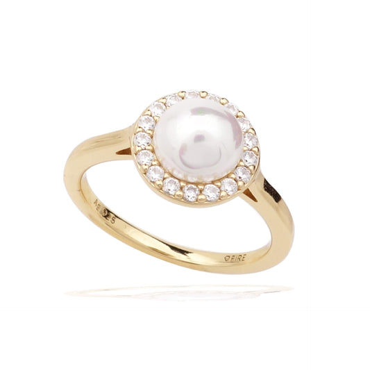DF White Shell Pearl & CZ Round Cluster Gold Plated Ring